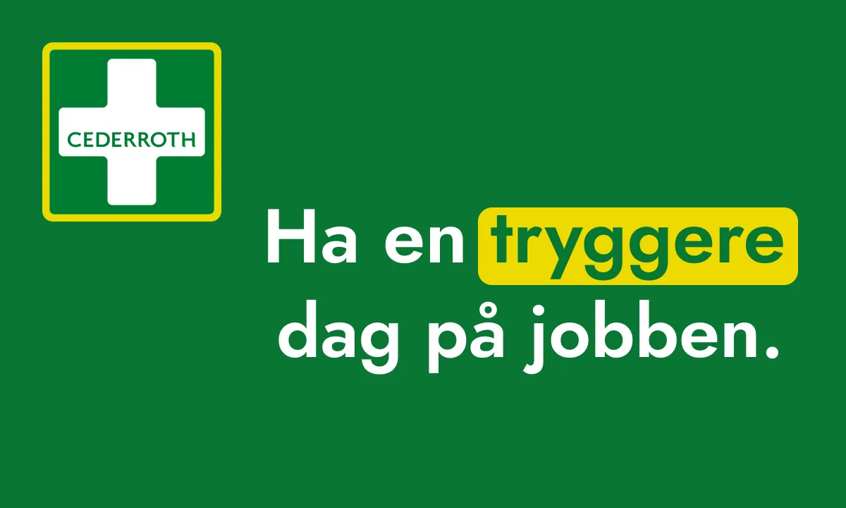 Cederroth logo på en grunn bakgrunn. Det står: 'Ha en tryggere dag på jobben' hvor tryggere har en gul backgrunn med grønn skrift